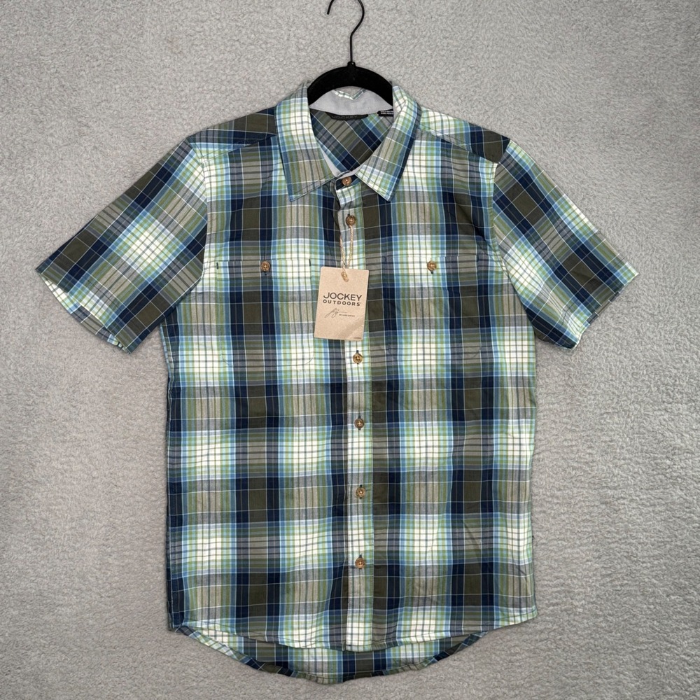 Jockey Outdoors Luke Bryan Mens Small Blue Green Plaid Short Sleeve Button Up